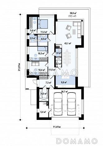 Проект одноэтажного дома из газобетона с просторной гостиной, мастер-спальней и гаражом на 2 машины / План 1 этажа