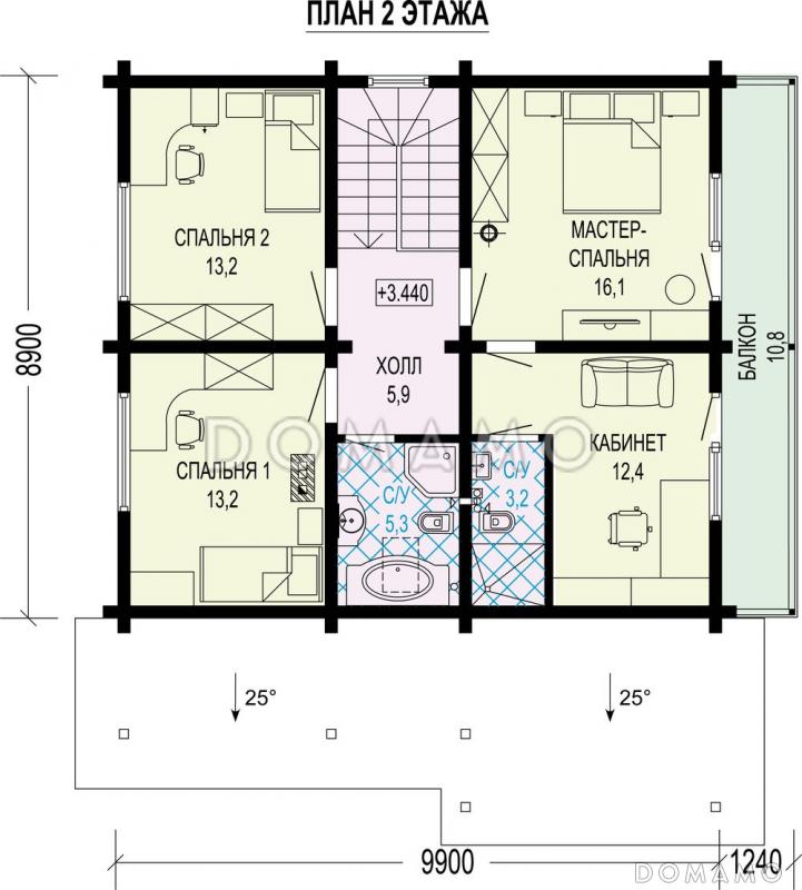 Проект загородного дома с террасой, комнатой на первом этаже, кладовой под лестницей, балконом / План мансардного этажа