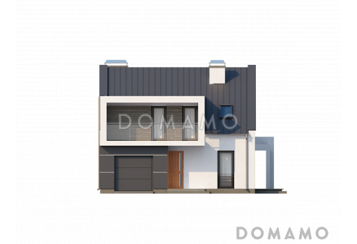 Проект просторного современного одноэтажного дома из кирпича  с мансардой, с двумя балконами в кровле и встроенным гаражом / Фасад 1