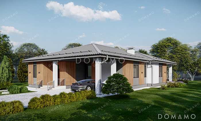 Проект одноэтажного дома с кабинетом, навесом для машины, тремя спальнями и небольшой угловой террасой