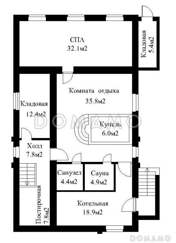 Проект большого кирпичного коттеджа с верандой, сауной и СПА-залом / План цокольного этажа