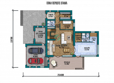 Проект большого трехэтажного дома с террасой и гаражом / План 1 этажа