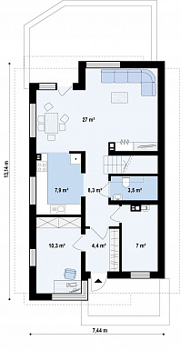 Проект аккуратного одноэтажного мансардного дома из газобетона для узкого участка / План 1 этажа