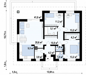 Проект современного одноэтажного дома из газобетона с разделением дневной зоны и зоны отдыха / План 1 этажа