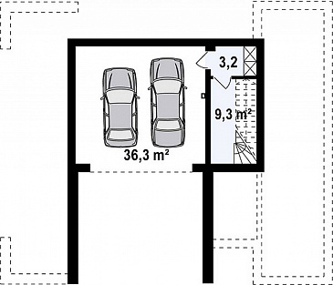 Проект современного двухэтажного дома из газобетона с подземным гаражом и террасой на втором этаже по периметру дома / План цокольного этажа