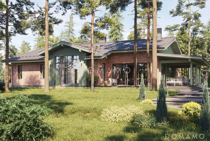 Проект каркасного дома в скандинавском стиле с навесом для двух машин и большой террасой