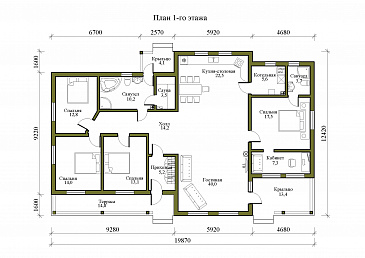 Проект газобетонного дома с панорамным остеклением и сауной / План 1 этажа