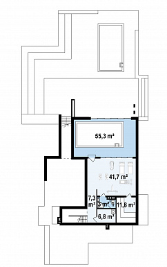 Проект просторного двухэтажного коттеджа из газобетона в стиле Хай-Тек с бассейном на цокольном этаже / План цокольного этажа