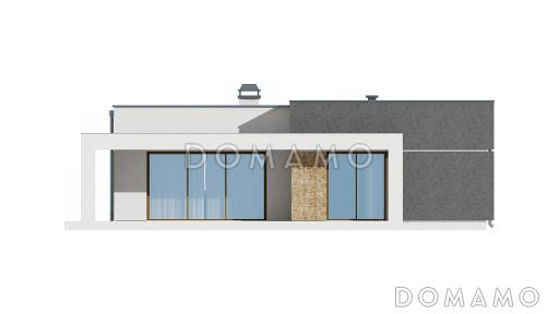 Проект небольшого современного одноэтажного дома из кирпича с двумя спальнями и красивой террасой / Фасад 3