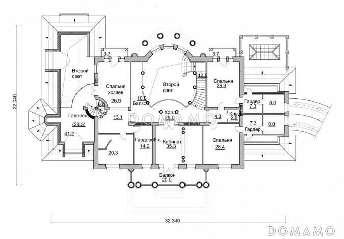Проект просторного коттеджа с бассейном, бильярдной и парадной гостиной / План 2 этажа