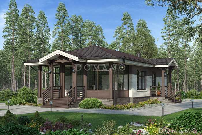 Проект бани с верандой, гостиной с кухней-столовой, парной и душевой