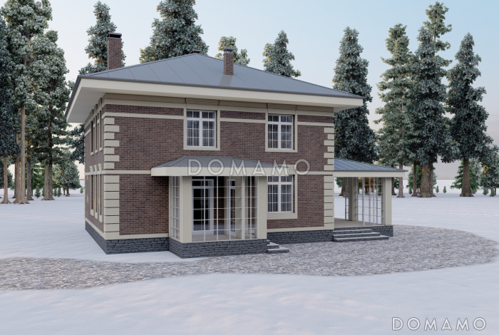 Проект двухэтажного дома с кабинетом, террасой и четырьмя спальнями