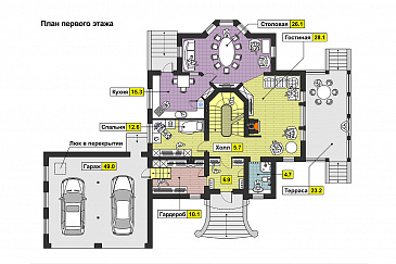 Проект дома с бассейном и просторной комнатой отдыха в цокольном этаже, сауной, гаражом на два автомобиля, открытой террасой, столовой с эркером / План 1 этажа