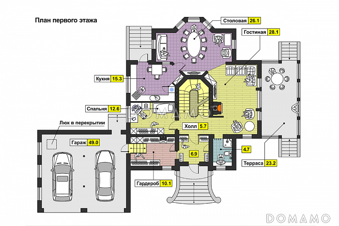 Проект дома с бассейном и просторной комнатой отдыха в цокольном этаже, сауной, гаражом на два автомобиля, открытой террасой, столовой с эркером / План 1 этажа