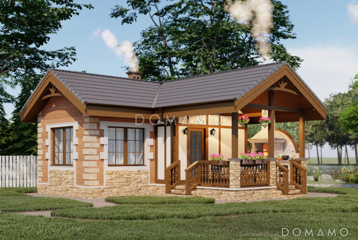 План каркасной бани с барбекю в средневековом английском стиле