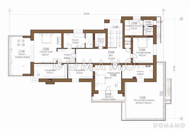 Проект коттеджа из кирпича с гаражом / План 2 этажа