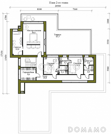 Проект крупномасштабного двухэтажного дома в стиле хай-тек с подвалом и бассейном / План 2 этажа