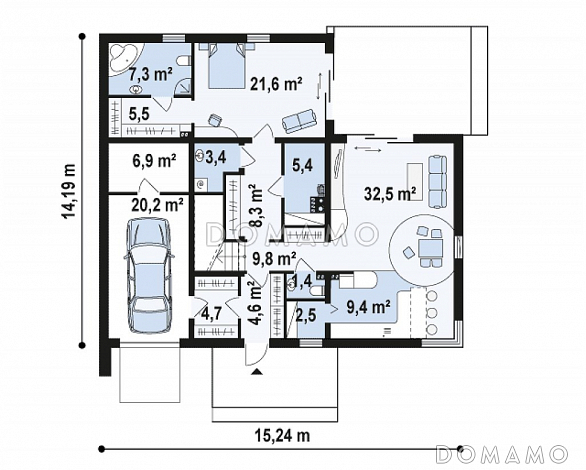 Проект современного двухэтажного дома из газобетона в стиле модерн, с террасой на втором уровне, с гаражом / План 1 этажа