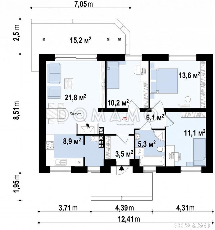 Проект компактного одноэтажного дома из кирпича с тремя спальнями и небольшой крытой террасой / План 1 этажа