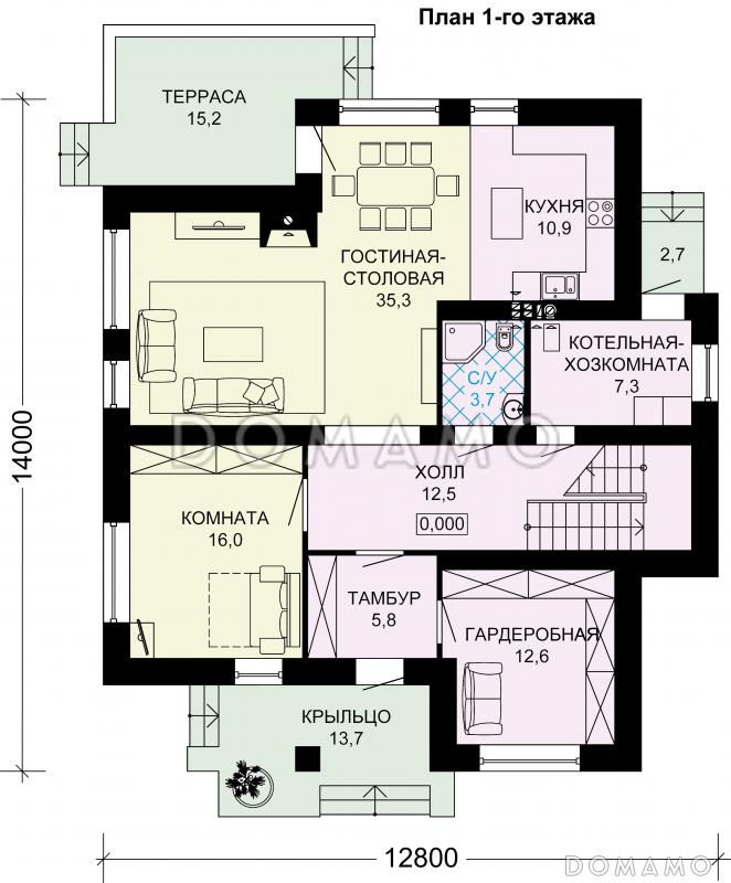 Проект двухэтажного дома из газобетона / План 1 этажа