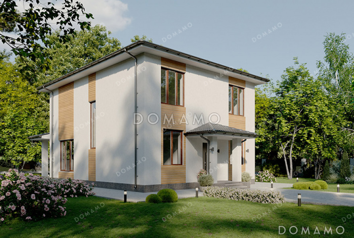 Проект двухэтажного дома простой формы с вальмовой кровлей, удобной планировкой и большими окнами