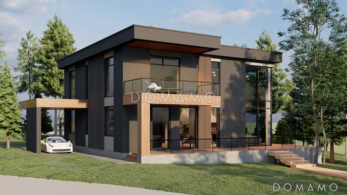 Проект двухэтажного газобетонного дома в стиле хай-тек с масштабным остеклением, вторым светом и спортзалом