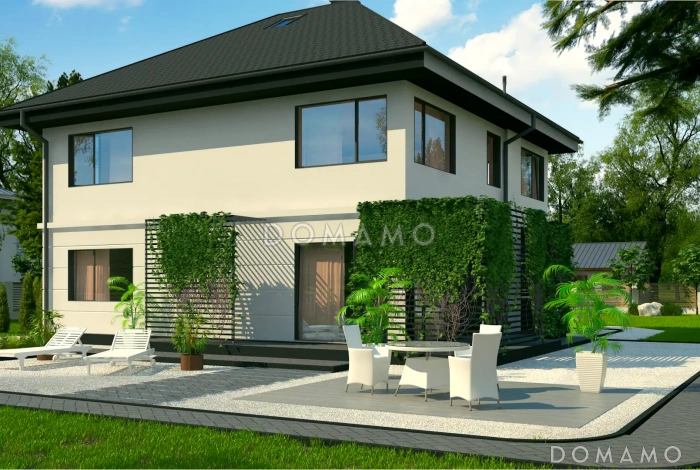 Проект двухэтажного дома с гаражом, мастер-спальней и гардеробными в спальнях