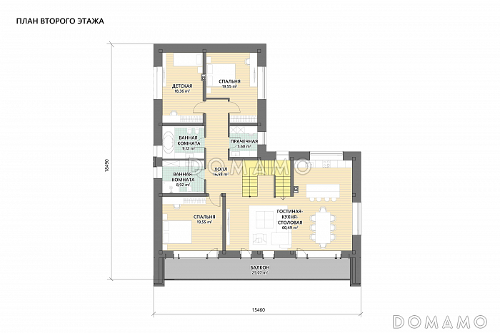 Проект двухэтажного кирпичного коттеджа с мастер-спальней, сауной и террасой барбекю / План 2 этажа