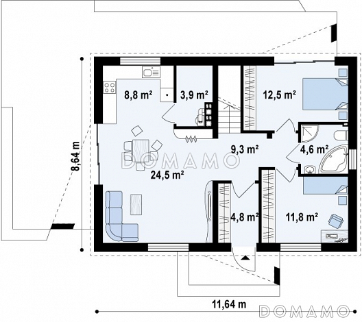 Проект компактного одноэтажного дома из кирпича с двумя спальнями, светлой дневной зоной и кладовой рядом с кухней / План 1 этажа