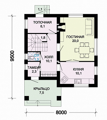 Проект дома из газобетона с многощипцовой крышей / План 1 этажа