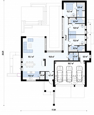Проект просторного современного одноэтажного дома из газобетона с плоской крышей, с тремя спальнями, террасой и гаражом для трёх автомобилей / План 1 этажа