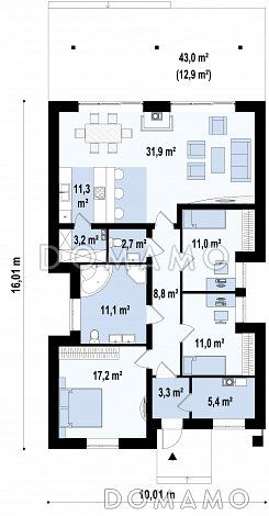 Проект одноэтажного дома из кирпича с тремя спальнями и крытой террасой / План 1 этажа