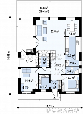 Проект дома с террасой, кабинетом, кладовой, вторым светом, мастер-спальней / План 1 этажа