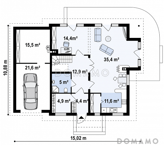 Проект одноэтажного мансардного дома из газобетона с гаражом, эркером и большой площадью остекления в гостиной / План 1 этажа