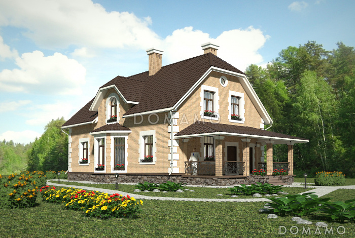 Проект коттеджа из кирпича с французскими балконами и большим кабинетом первого этажа