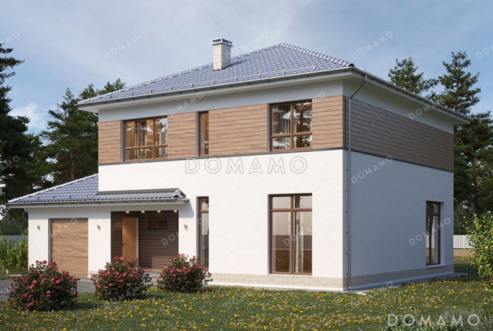 Проект двухэтажного дома с террасой, гаражом и балконом