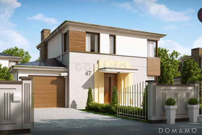 Проект современного двухэтажного дома из кирпича с тремя спальнями и пристроенным гаражом