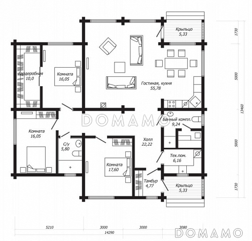 Проект одноэтажного дома из клееного бруса с просторной гардеробной и сауной / План 1 этажа