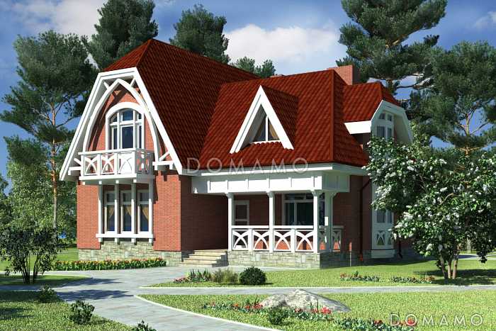 Проект дома одноэтажного дома с мансардным этажом, эркером, балконами в спальне