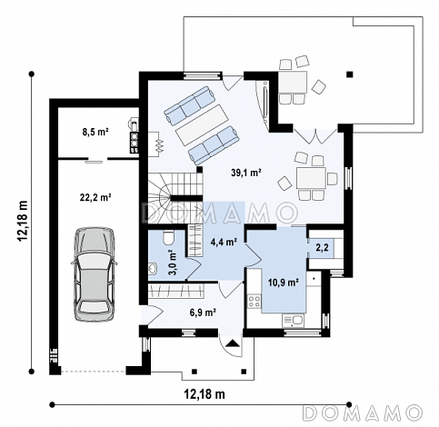 Проект современного одноэтажного мансардного дома из кирпича с тремя комнатами, угловой террасой и гаражом / План 1 этажа