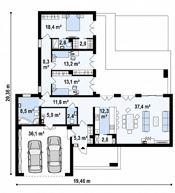 Проект современного одноэтажного дома из кирпича с плоской крышей, с большой угловой террасой и двухместным гаражом / План 1 этажа