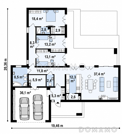 Проект современного одноэтажного дома из кирпича с плоской крышей, с большой угловой террасой и двухместным гаражом / План 1 этажа