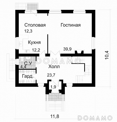 Проект двухэтажного дома с цокольным этажом и мансардой / План 1 этажа
