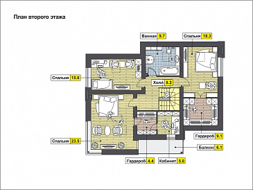 Проект загородного дома с панорамным окном в гостиной и спальне на мансардном этаже, крытой террасой с выходом из кухни-столовой, спальней на первом этаже / План мансардного этажа