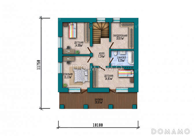 Проект компактного дома с мансардой, 4 спальнями и большим балконом / План мансардного этажа