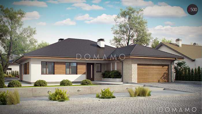 Проект просторного одноэтажного дома из газобетона с большой гостиной, тремя спальнями, кабинетом и гаражом на два автомобиля