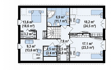 Проект просторного современного одноэтажного мансардного дома из газобетона с большой кухней-столовой, четырьмя комнатами и гаражом  / План мансардного этажа