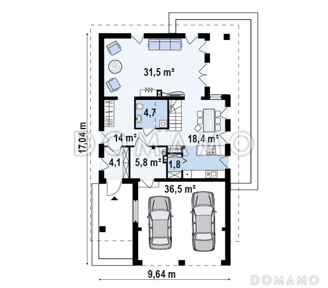 Проект одноэтажного мансардного дома из кирпича с крытой угловой террасой и большой открытой террасой над гаражом / План 1 этажа