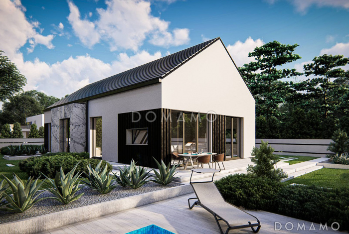 Проект одноэтажного дома с грамотной планировкой, эркером, навесом, объединенной кухней и гостиной