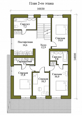 Проект трехэтажного газобетонного дома с пятью спальнями, холодным чердаком и подвалом / План 2 этажа